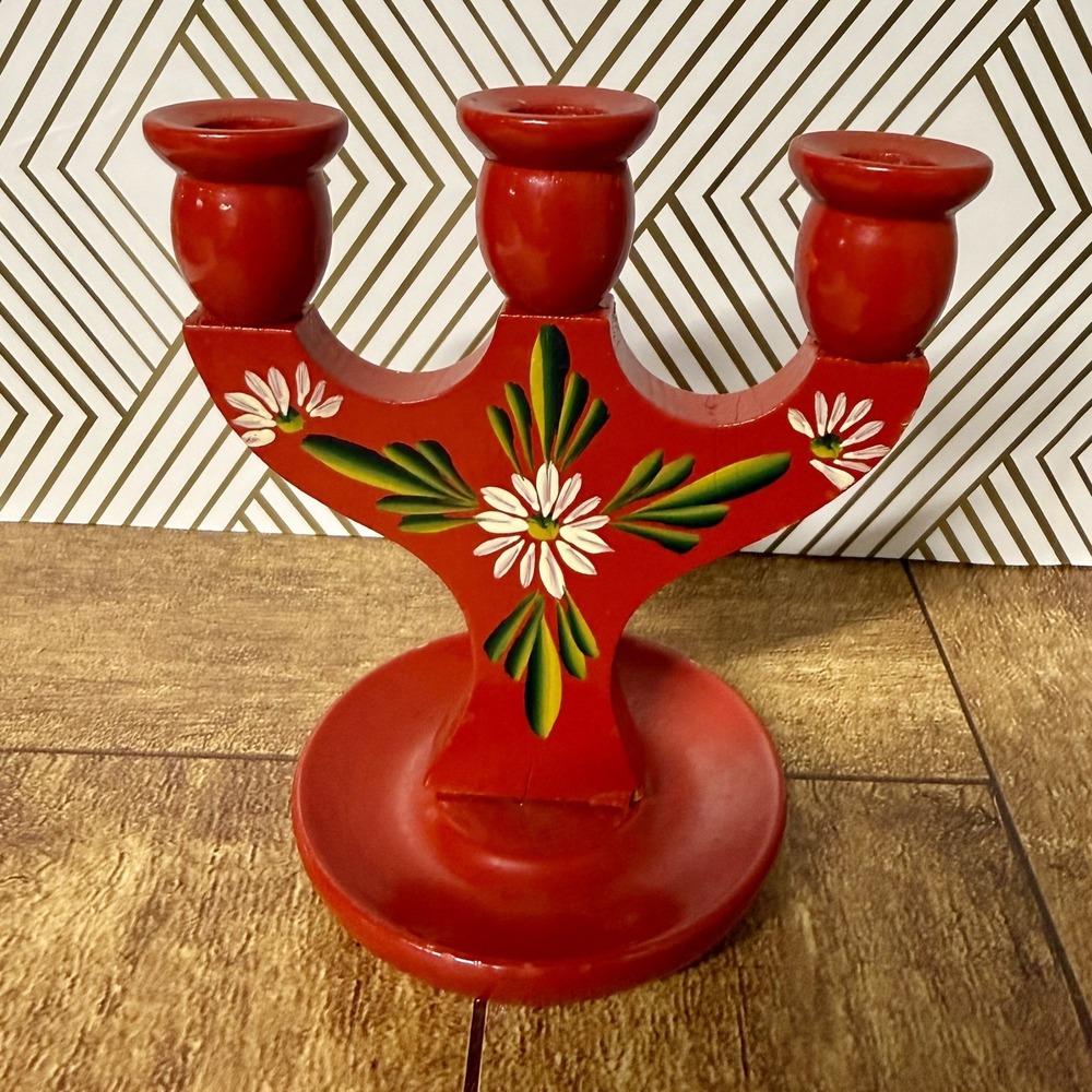 Vintage Swedish Red Wooden Mini Candelabra Candle Holder Folk Art 4.25" H